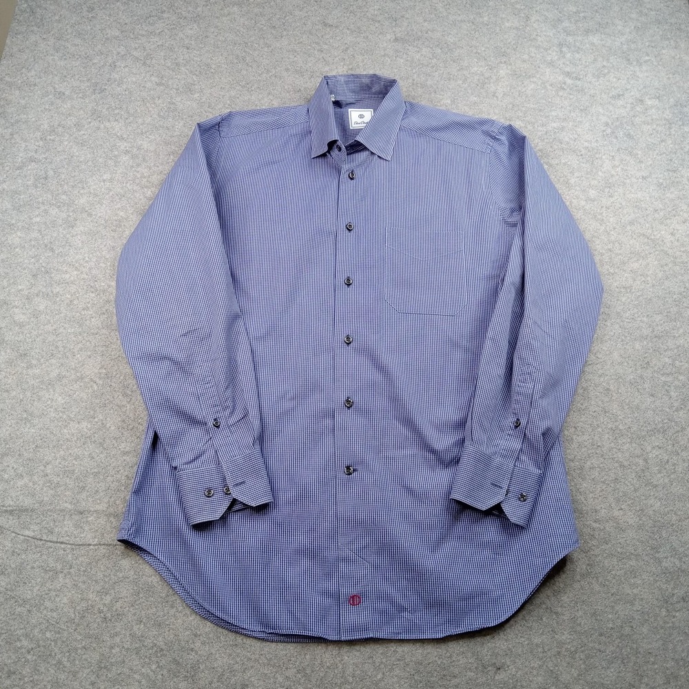 David Donahue Shirt Mens Large Blue Check‎ Cotton Dress Button Front Long Sleeve